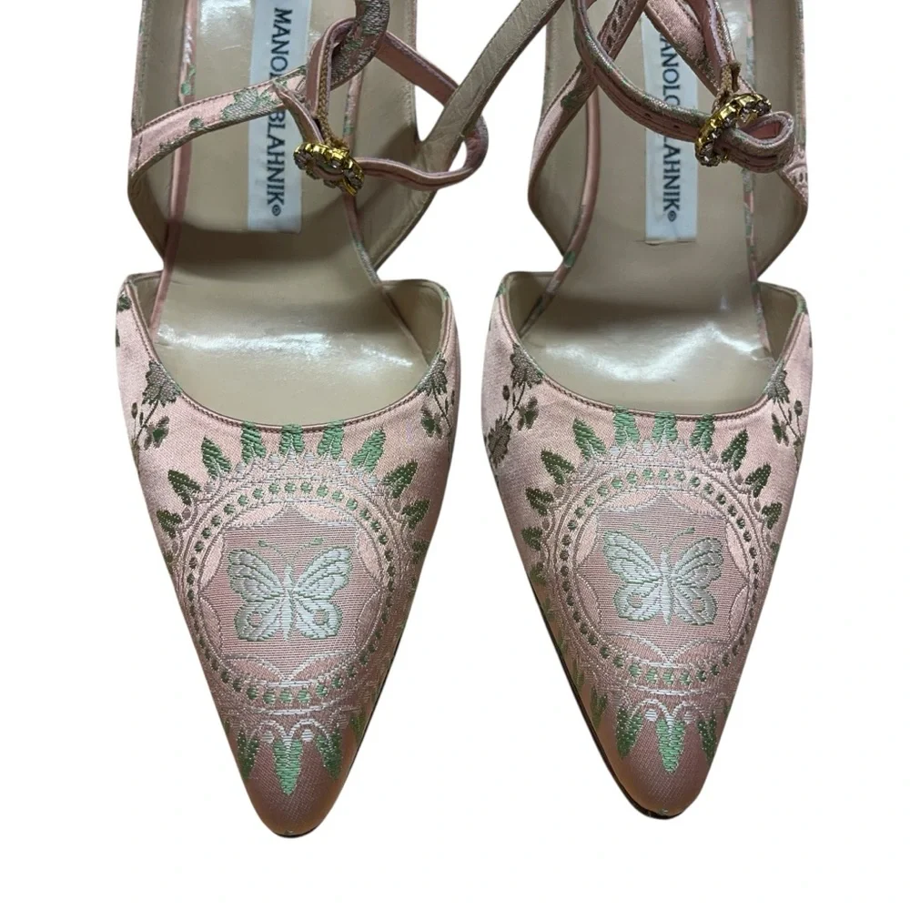 Manolo Blahnik Pink Silk Jacquard D’Orsay Heels Crystal Button Pumps